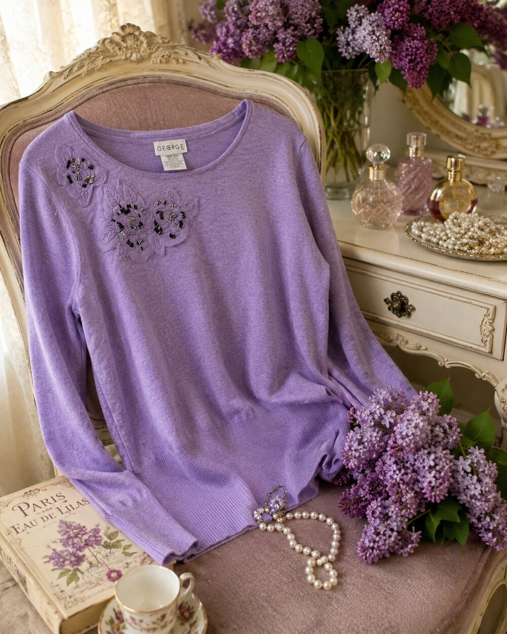 George Lavender Embellished Knit Sweater Women's Large